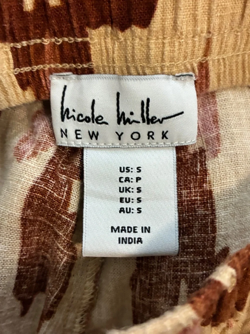 Nicole Miller Wide Leg Pants Linen Boho Retro Cottagecore Tan Brown Ikat Print S - Picture 3 of 6